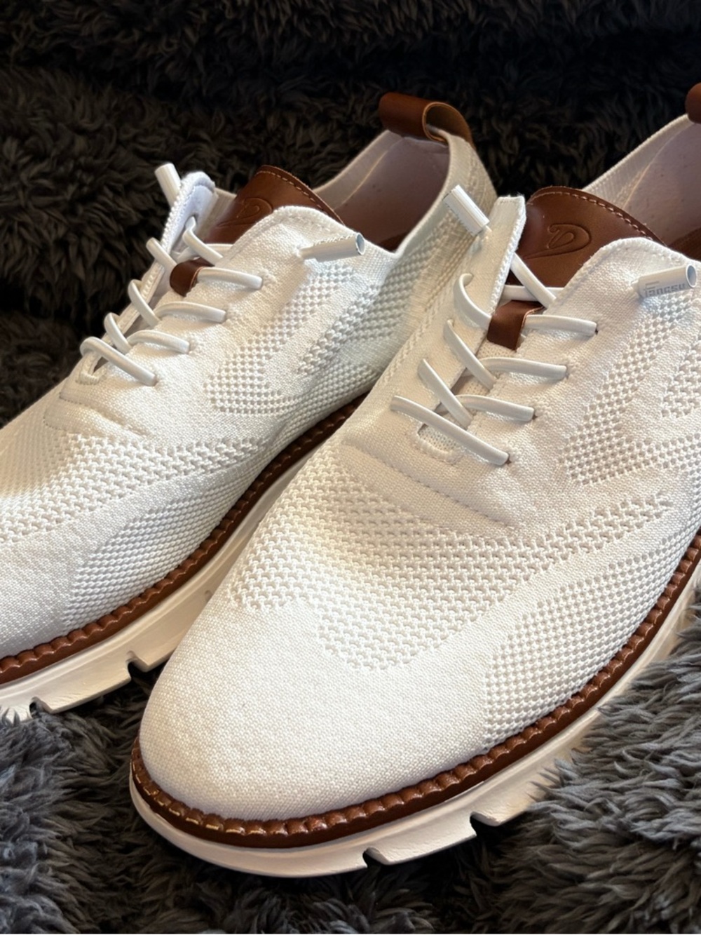 Men's White Knit Casual Sneakers with Brown Trim